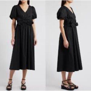 Moon River Black Cotton A Line Midi Dress L Large Puff Sleeve FLAW NEW NWT
